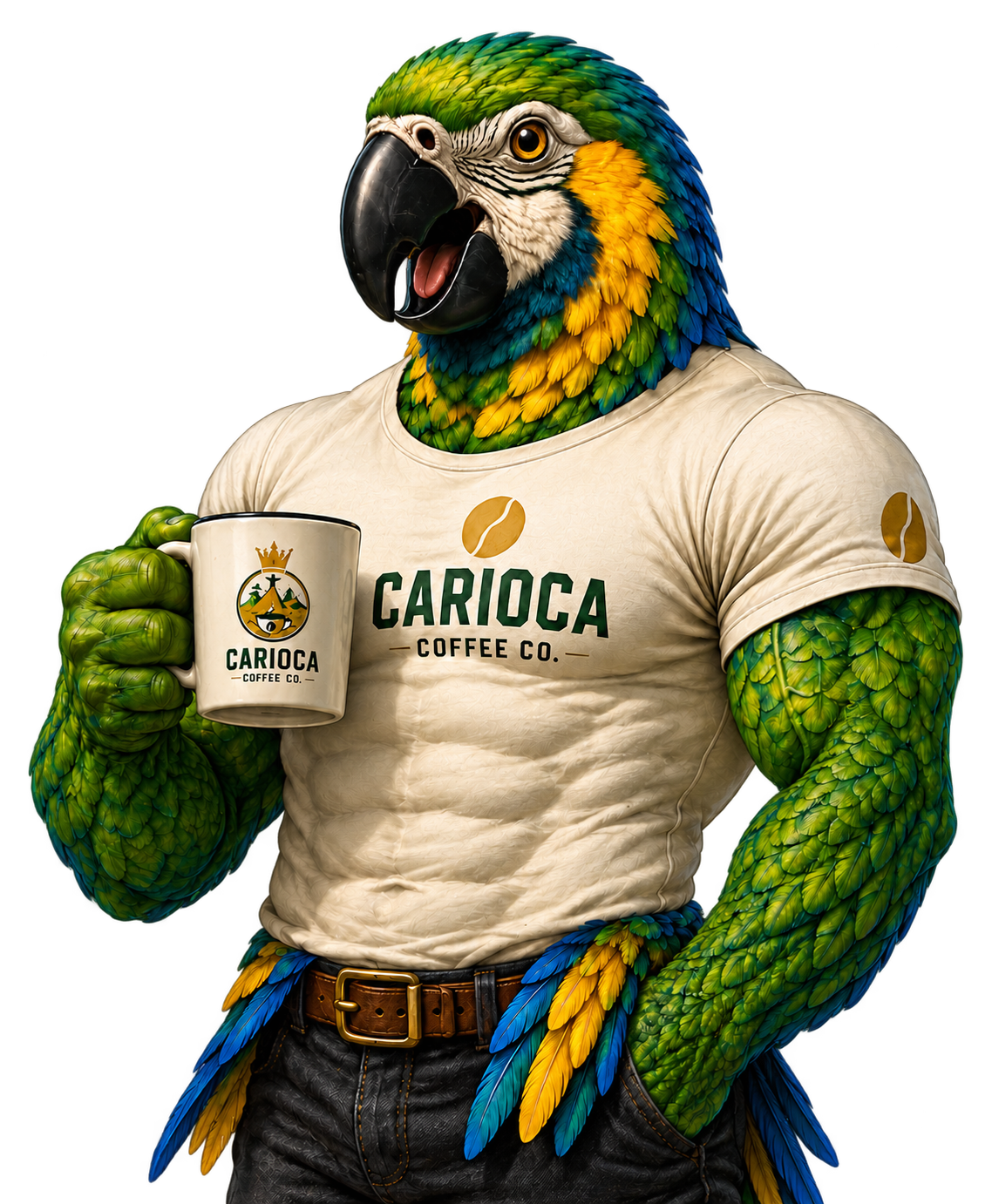 Bento, the green Carioca parrot mascot, wearing a Carioca Coffee Co. shirt and holding a coffee mug