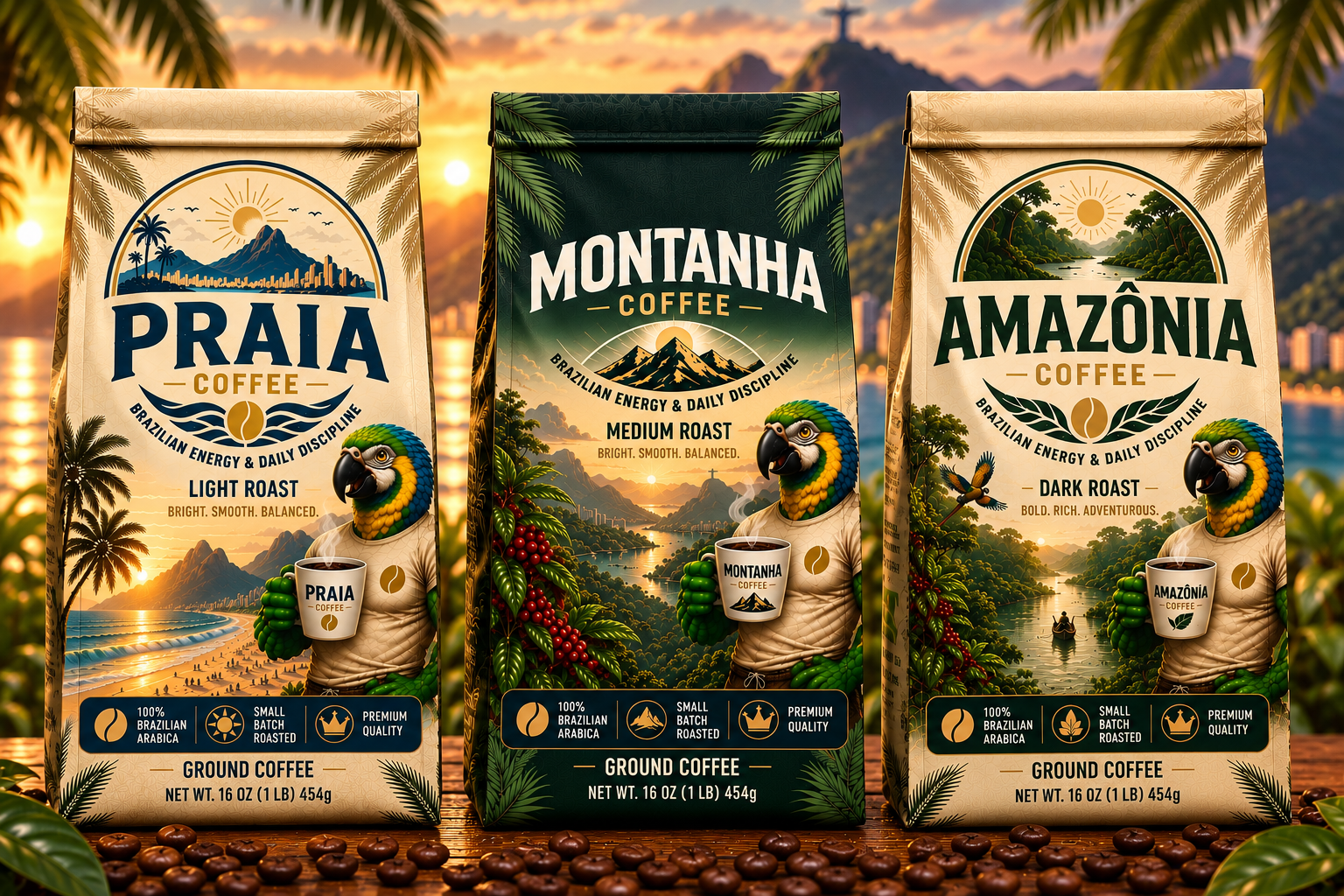 Praia, Montanha, and Amazônia coffee bags from left to right on a wooden table in warm Brazilian sunrise light